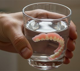 Dentures soaking in a glass of water