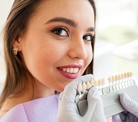 Woman's smile compared with tooth color chart