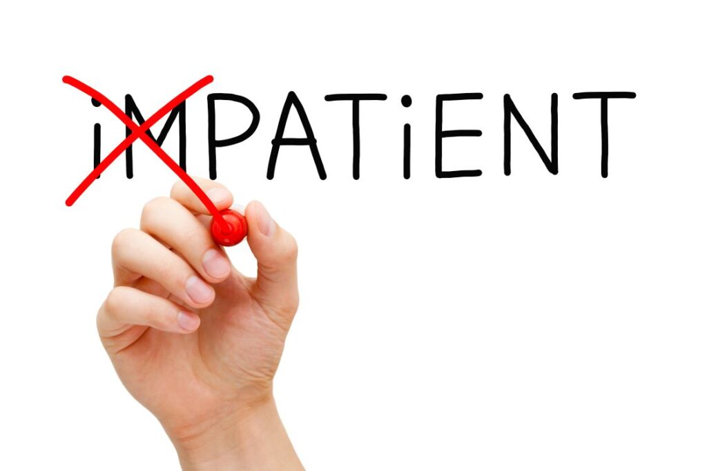 The word “impatient” with the IM crossed out so it says “patient.”